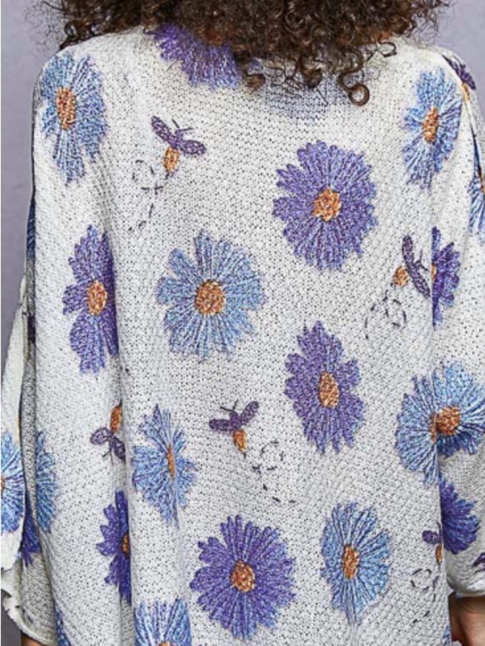 White Floral Knit Pullover with Purple & Blue Daisies & Dragonfly - Picture 2 of 2